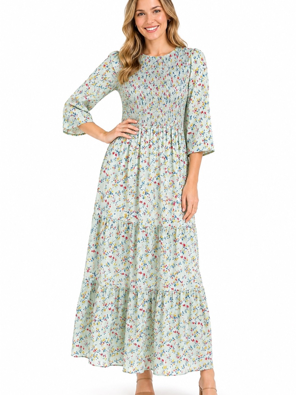 💖 MELLODAY Smocked Tiered Maxi Dress In Floral Sage Green, Sz Med